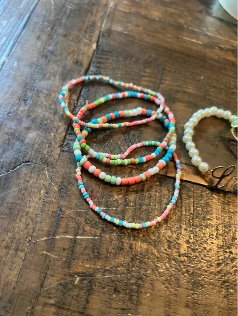 Boho Beaded Bracelet Set of 6 Seed Beads, Pearl 